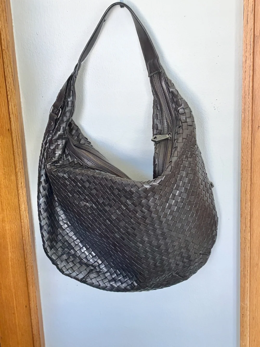 Christopher Kon Black Leather Woven Slouchy Shoulder Hobo Bag Tote Purse Designe